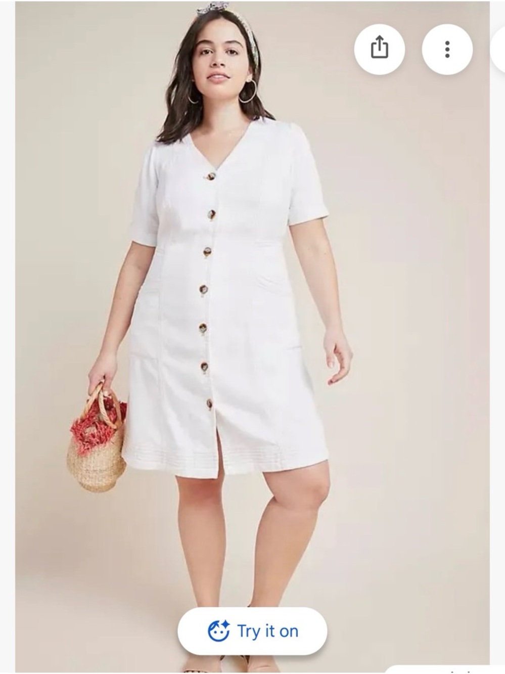 Women’s Anthropologie White Button-Front V-Neck Short Sleeve Dress